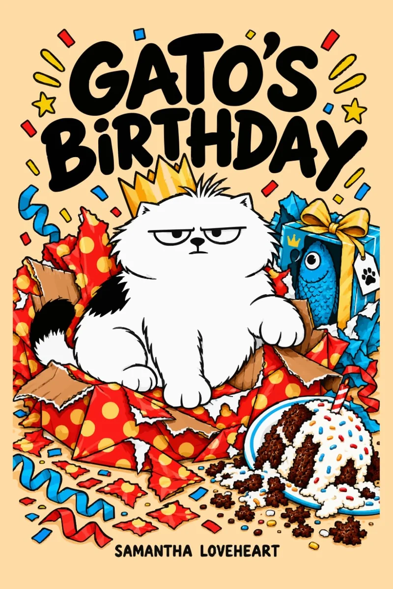 Gato’s Birthday by Samantha Loveheart. Gato in a paper crown sits in torn wrapping paper beside a squashed cake.