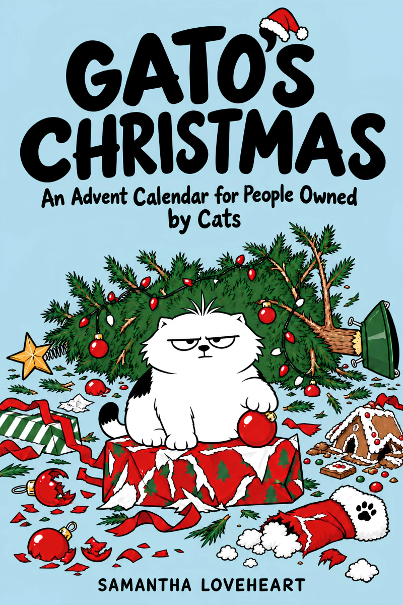 Gato’s Christmas by Samantha Loveheart. Gato sits in front of a toppled Christmas tree.