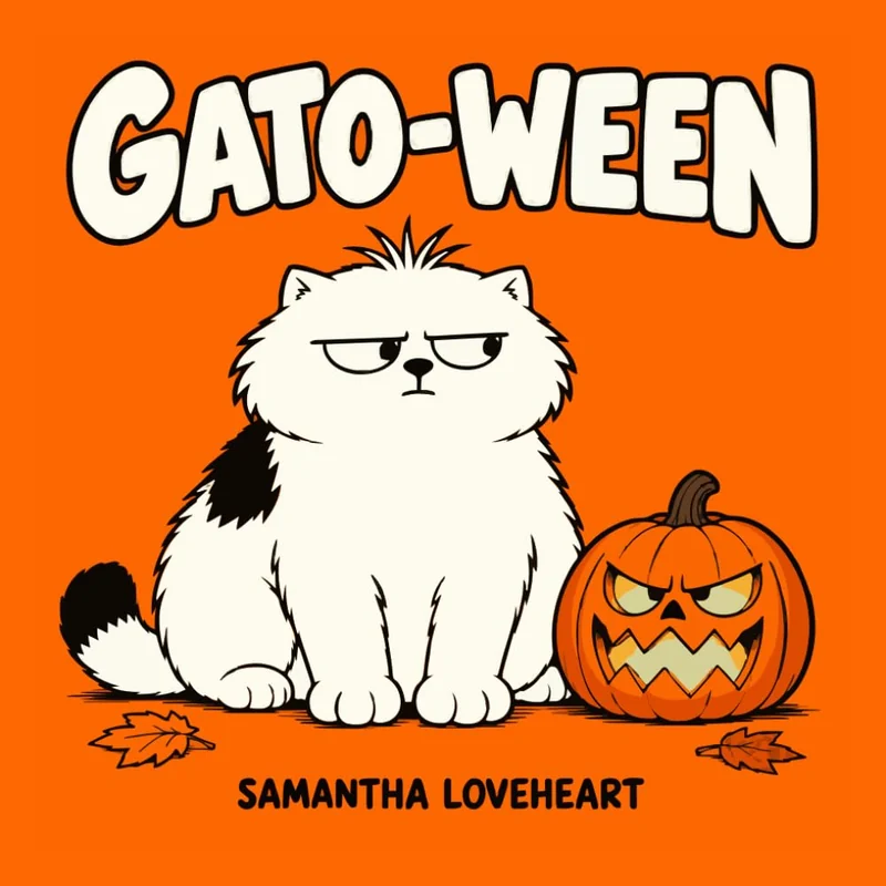 Gato-ween by Samantha Loveheart. Gato sits beside a scowling jack-o’-lantern.